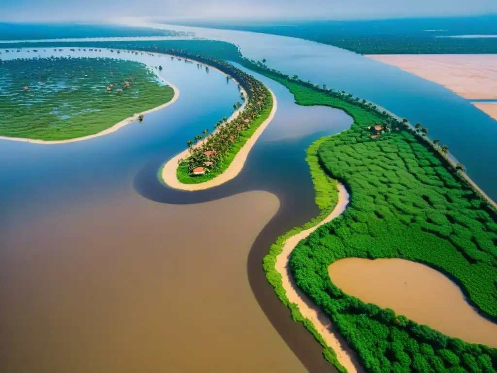 Vista aérea del Delta del Nilo durante una inundación, con casas y tierras agrícolas inundadas y lugareños en botes