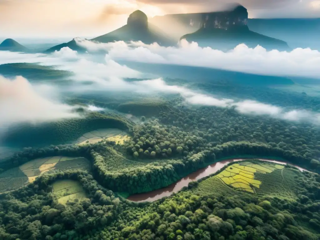 Vista aérea de densos bosques en África Central, ríos serpenteantes y aldeas entre árboles