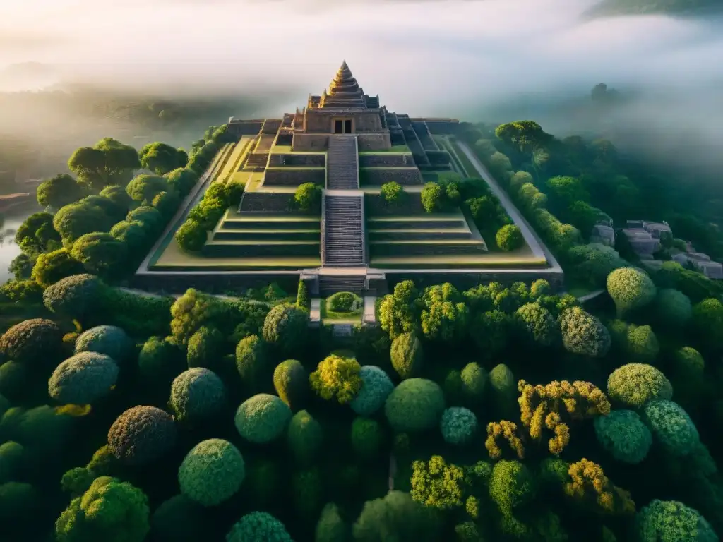 Vista aérea detallada de una antigua ciudad con planificación urbana y naturaleza