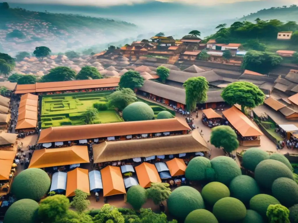 Vista aérea detallada de la antigua ciudad de Ife en Nigeria, con arquitectura tradicional yoruba, colores vibrantes y patrones geométricos en edificios rodeados de vegetación exuberante y puestos de mercado