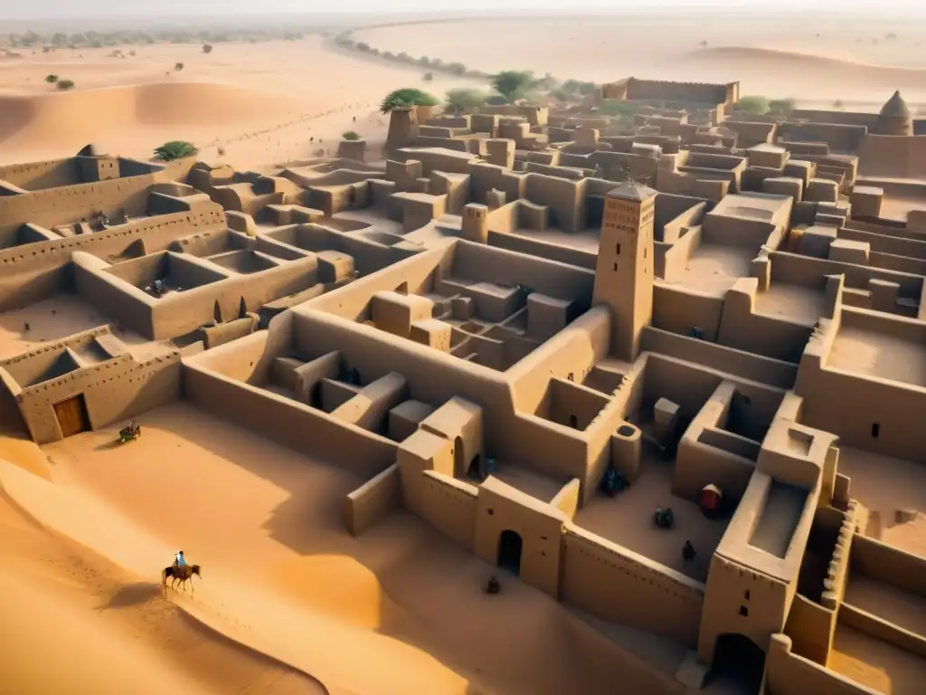 Explora la majestuosidad de Timbuktu: ciudad milenaria de Mali Vista aérea detallada de la antigua ciudad de Timbuktu en Mali, con edificios de barro, mercados bulliciosos y calles serpenteantes
