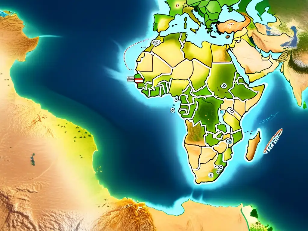 Vista aérea detallada de las antiguas rutas comerciales africanas, destacando la diversidad geográfica y los puntos clave de intercambio