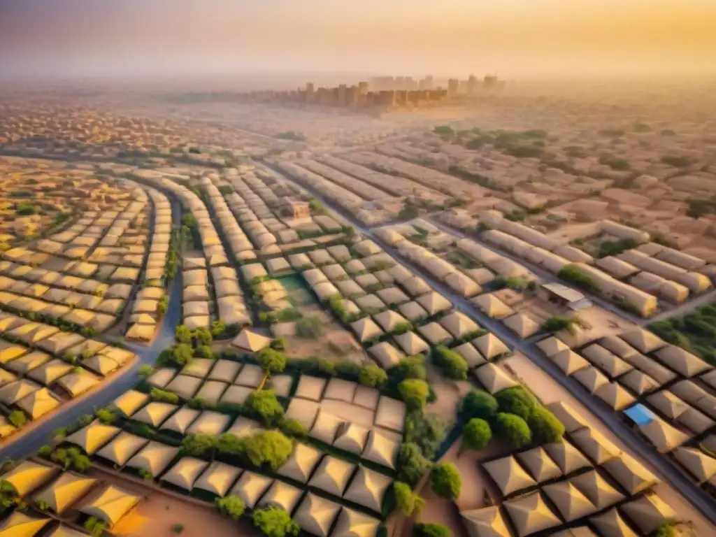 Vista aérea detallada de una ciudad imperial en el Sahel, con urbanismo sostenible y arquitectura tradicional integrada con infraestructura moderna