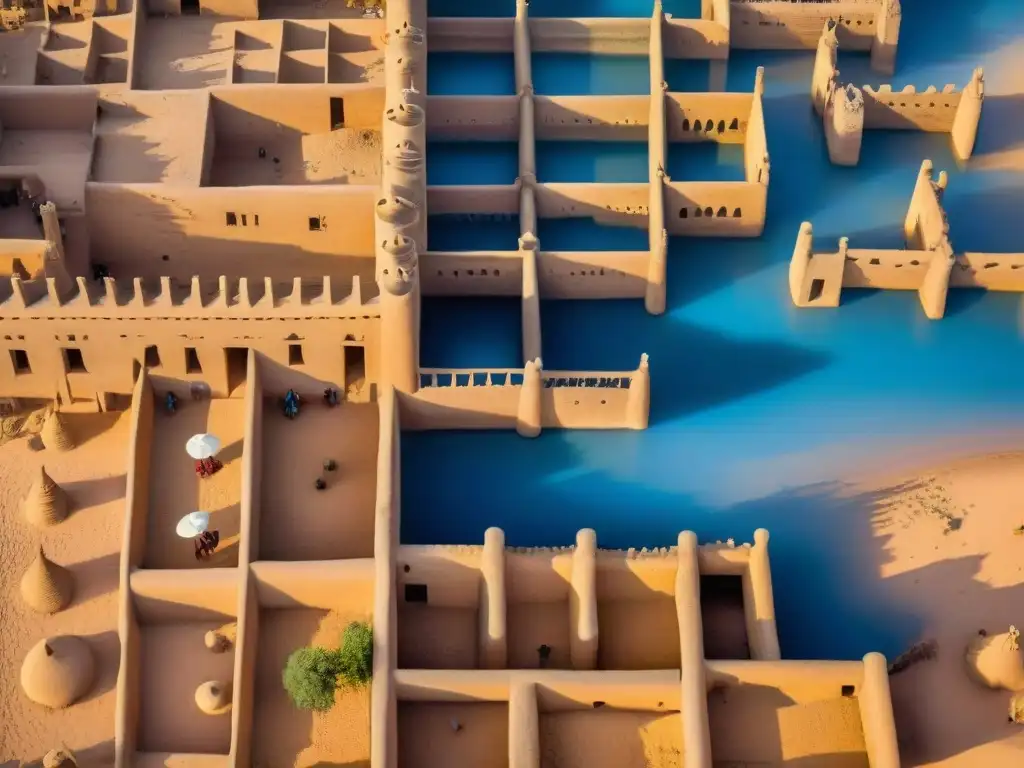 Vista aérea detallada de la Gran Mezquita de Djenné en Mali, resaltando la arquitectura de barro y minaretes de adobe bajo un cielo azul