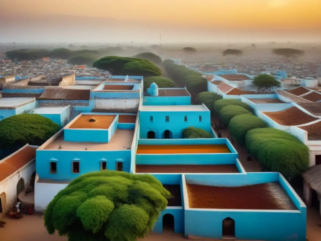 Vista aérea detallada de la histórica ciudad de SaintLouis en Senegal, fusionando arquitectura colonial con edificios tradicionales senegaleses, junto al río Senegal