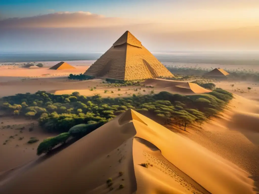 Vista aérea detallada de las majestuosas pirámides africanas en contraste con el desierto, iluminadas por el sol poniente