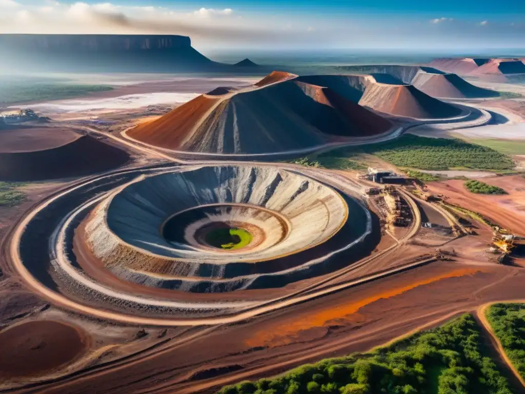 Vista aérea detallada de mina de diamantes africana: tierra dañada, maquinaria pesada, trabajadores bajo el sol