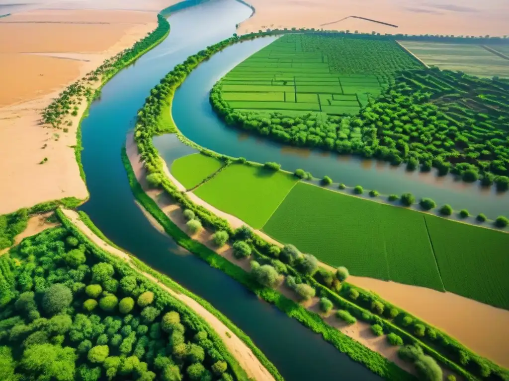 Vista aérea detallada del Nilo serpenteante, muestra exuberante vegetación junto al árido desierto