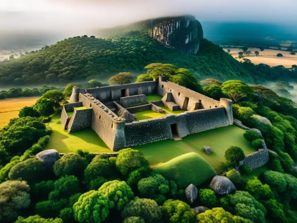 Vista aérea detallada de las ruinas de Great Zimbabwe, mostrando la historia y arquitectura de este sitio arqueológico