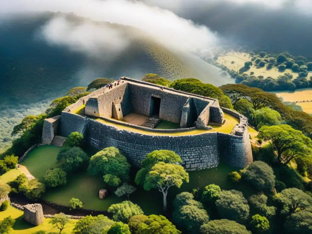 Vista aérea detallada de las ruinas de Great Zimbabwe, revelando la historia y grandeza de este sitio arqueológico