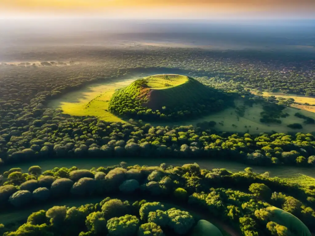 Vista aérea detallada de la sabana africana con ruinas antiguas entre vegetación, resaltando la arqueología paisaje África organización cultural