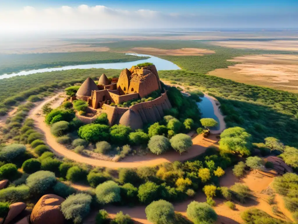 Vista aérea detallada del sitio arqueológico de Mapungubwe en Sudáfrica, con ruinas, baobabs y el río Limpopo