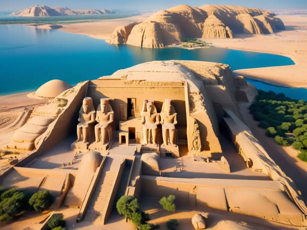 Vista aérea detallada de templos en Abu Simbel y pirámides en Meroë, destacando la arquitectura monumental de Egipto y Nubia en comparación