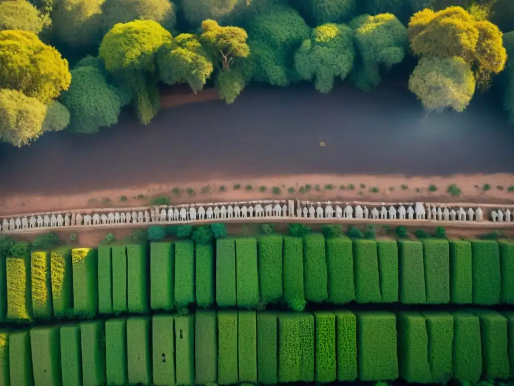 Vista aérea detallada de la necrópolis de Carabane en Senegal, con tumbas antiguas talladas rodeadas de vegetación