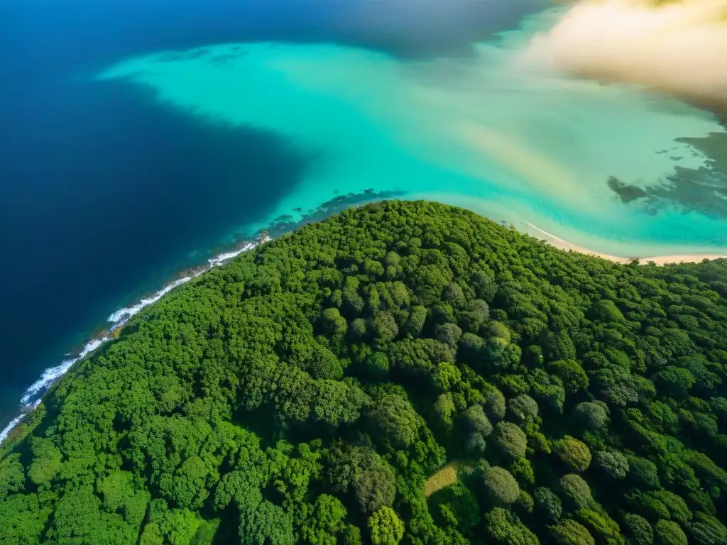 Vista aérea de la exuberante naturaleza de Santo Tomé y Príncipe con el océano Atlántico, mostrando la increíble belleza de las islas