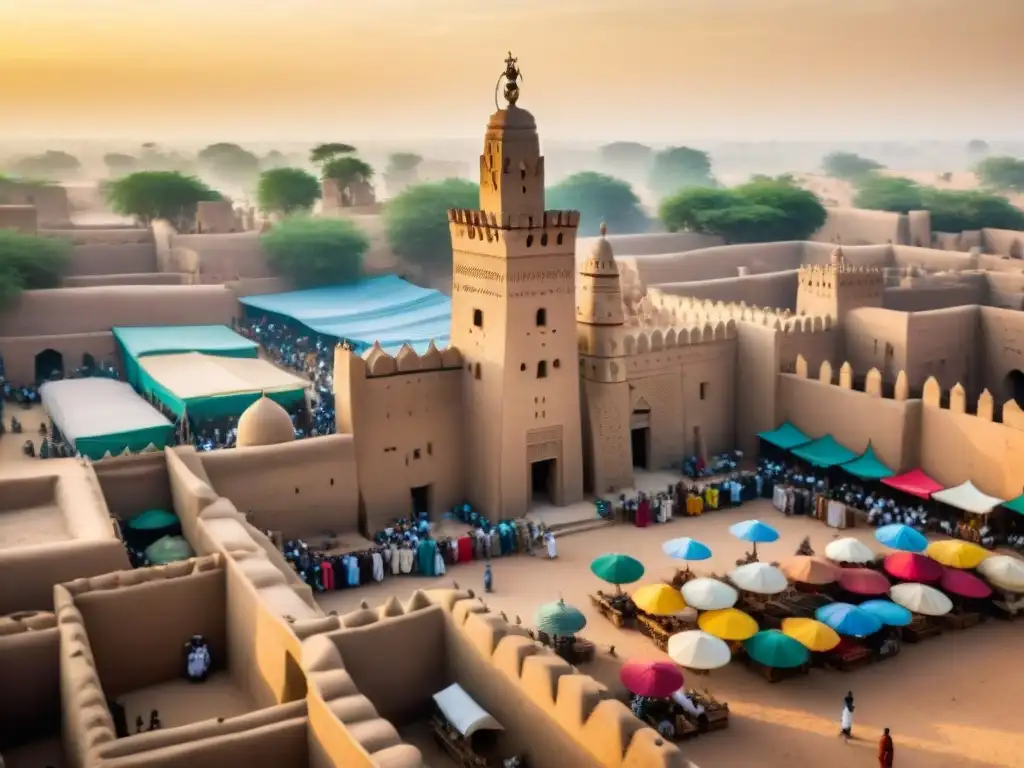 Vista aérea de la Gran Mezquita de Djenné en Mali con su arquitectura de ladrillo de barro y minaretes sudaneses, en un vibrante día de mercado con multitudes bulliciosas y textiles coloridos, destacando la expansión religiosa en África Central