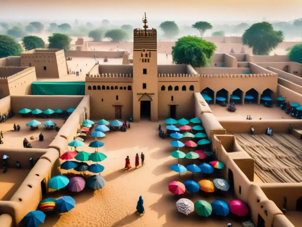 Vista aérea de la Gran Mezquita de Djenné en Mali, con su estructura de adobe, puertas de madera y personas en trajes tradicionales en el bullicioso mercado