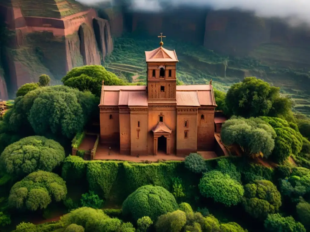 Vista aérea de las icónicas iglesias rupestres de Lalibela, destacando la arquitectura y la historia de la Dinastía Zagwe