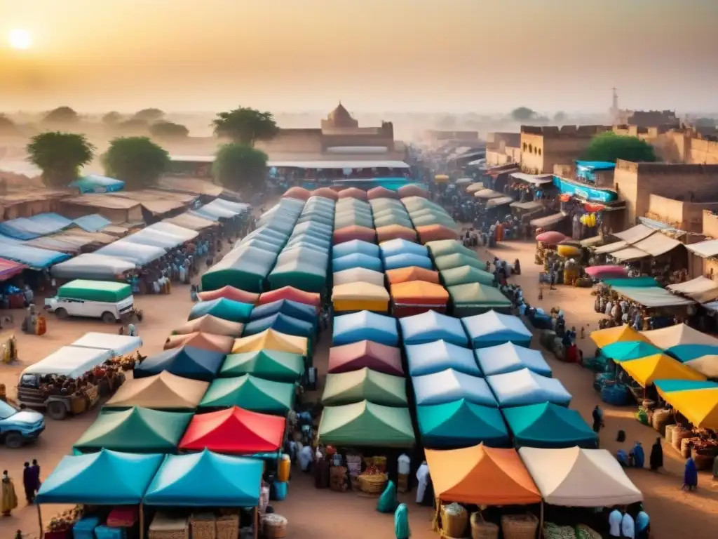 Vista aérea impactante de un bullicioso mercado en una ciudad del Sahel, fusionando el Islam con tradiciones locales