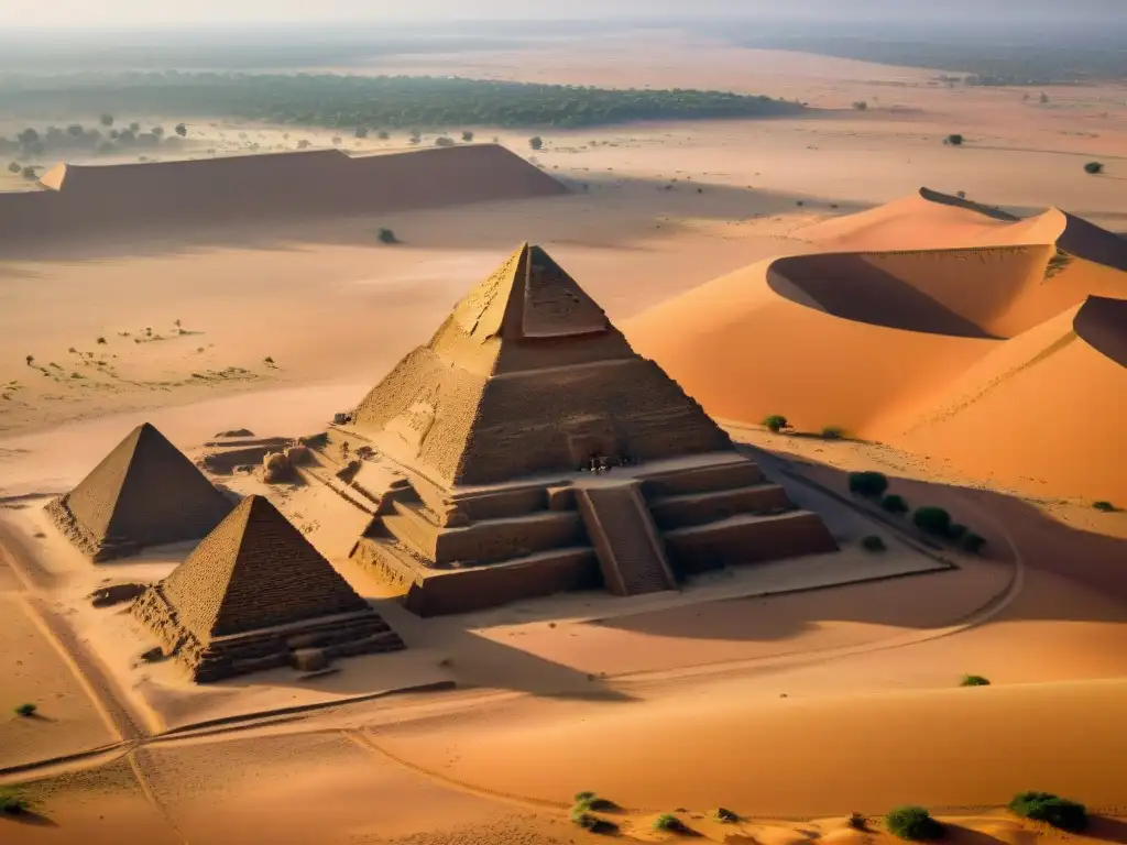 Vista aérea impresionante de las antiguas pirámides de Meroe en Sudán, destacando su construcción en el desierto dorado