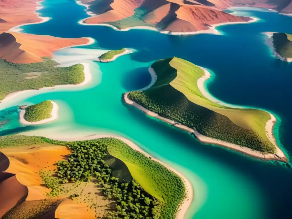 Vista aérea impresionante de la diversa geografía del Cuerno de África: desiertos áridos, verdes tierras altas, ríos sinuosos y costas vibrantes