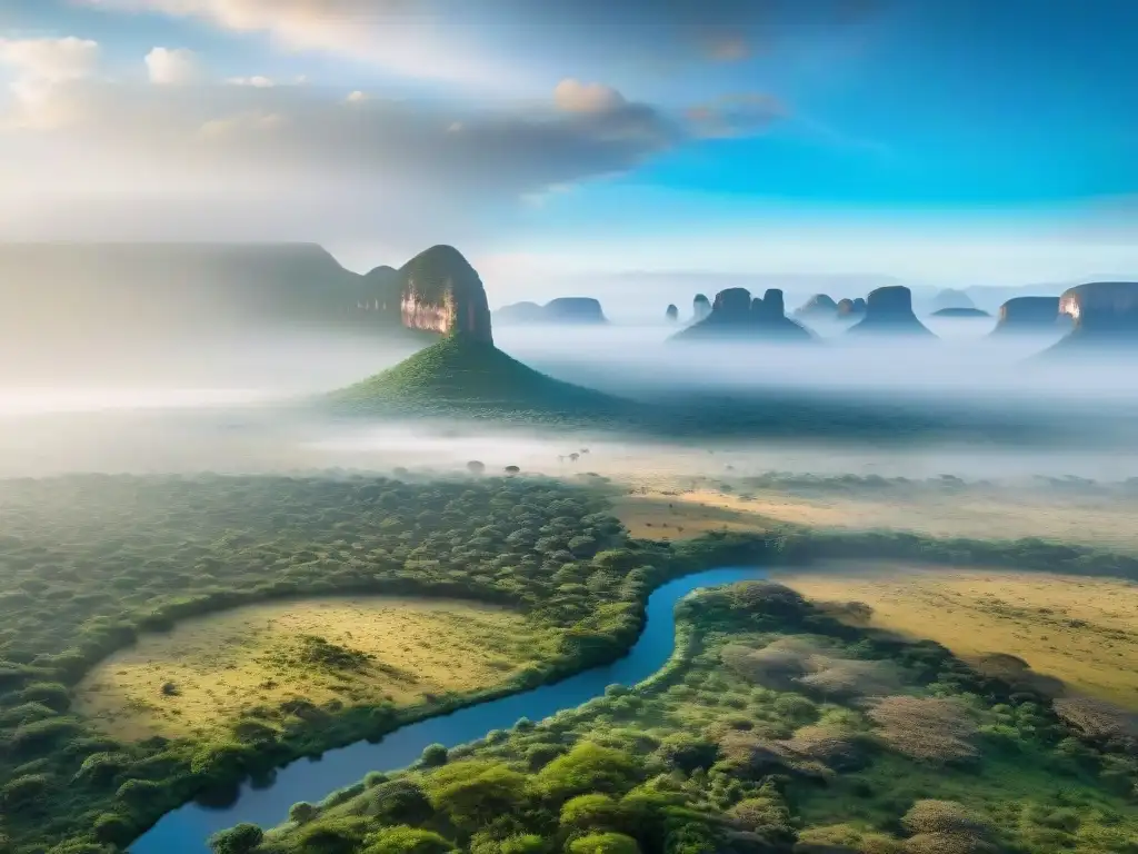 Una vista aérea impresionante de la extensa sabana africana con acacias dispersas y fauna salvaje