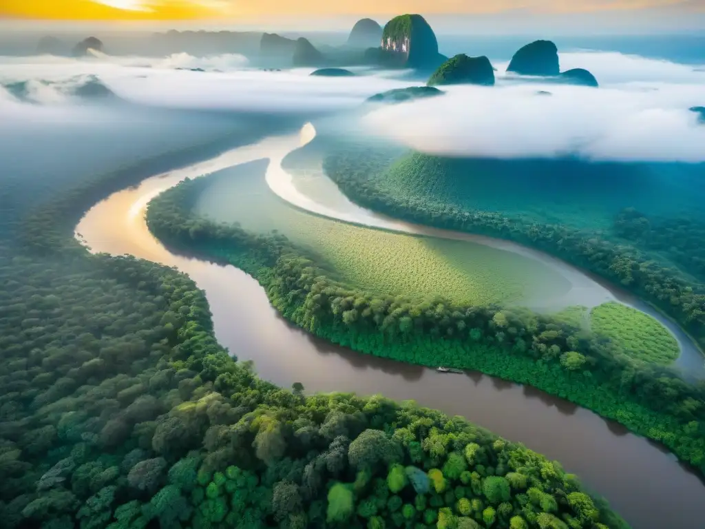 Vista aérea impresionante del río Congo serpenteando entre exuberante selva, resaltando la importancia histórica del río Congo