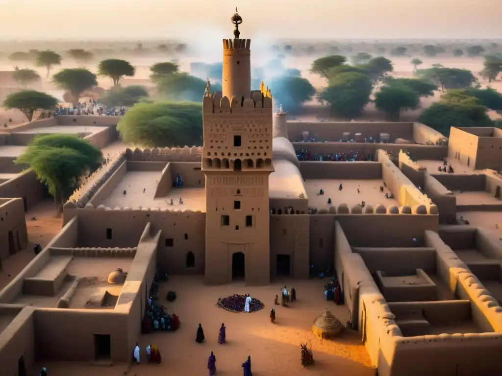 Vista aérea impresionante de la Gran Mezquita de Djenné en Mali, reflejando la influencia global de los Imperios del Sahel