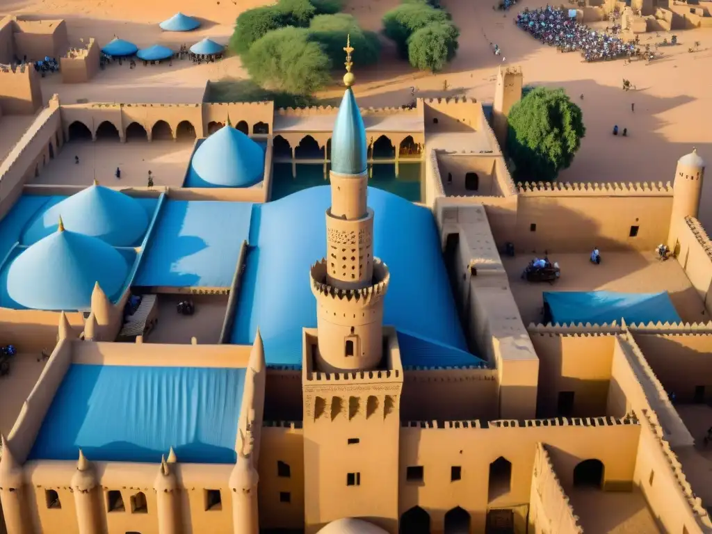 Vista aérea impresionante de la Gran Mezquita de Djenné en Mali, destacando su arquitectura de adobe y el bullicioso mercado alrededor