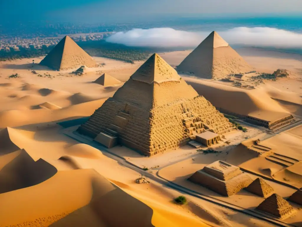 Vista aérea impresionante de las Grandes Pirámides de Giza en Egipto, destacando su diseño arquitectónico y escala masiva en el desierto dorado