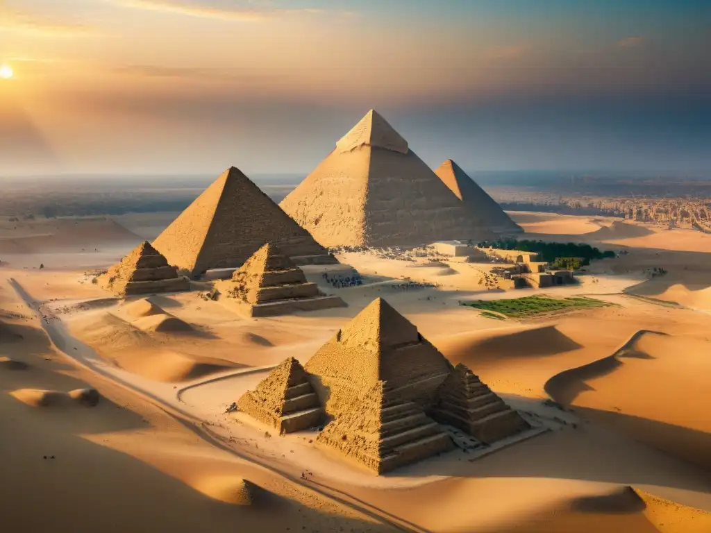 Una vista aérea impresionante de las Grandes Pirámides de Giza al atardecer, resaltando su grandeza histórica