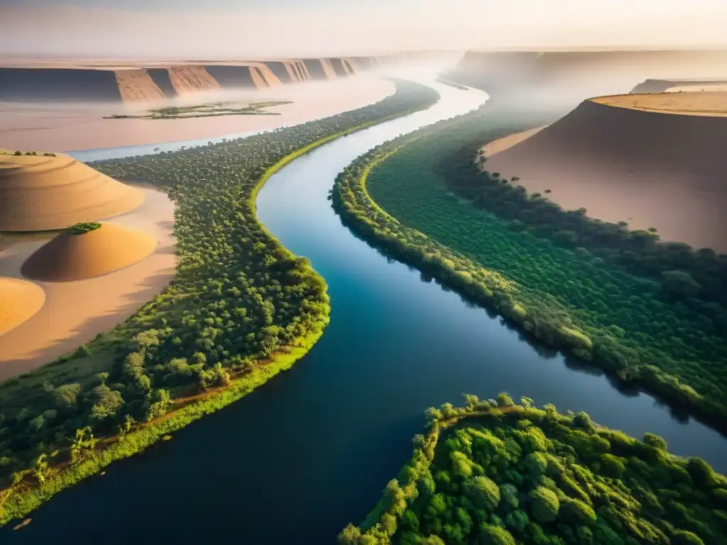 Vista aérea impresionante del Nilo serpenteando entre Etiopía y Egipto, mostrando la relación entre ambos países