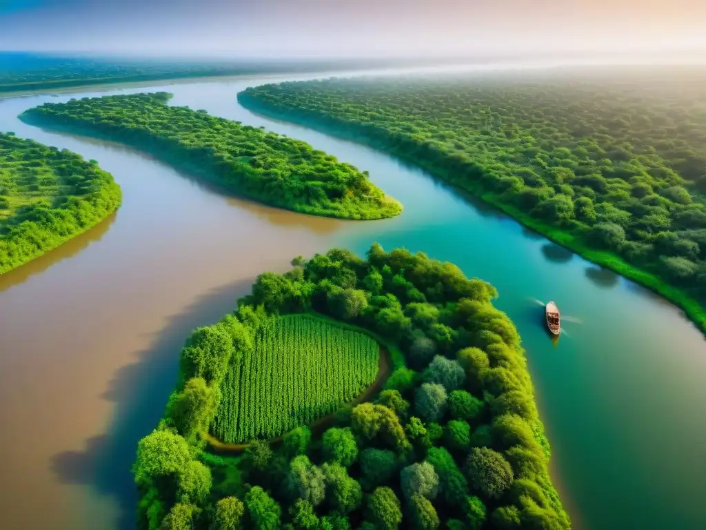 Vista aérea impresionante del río Níger serpenteando entre paisajes verdes, con barcos de madera tradicionales y aldeas a lo largo de sus orillas