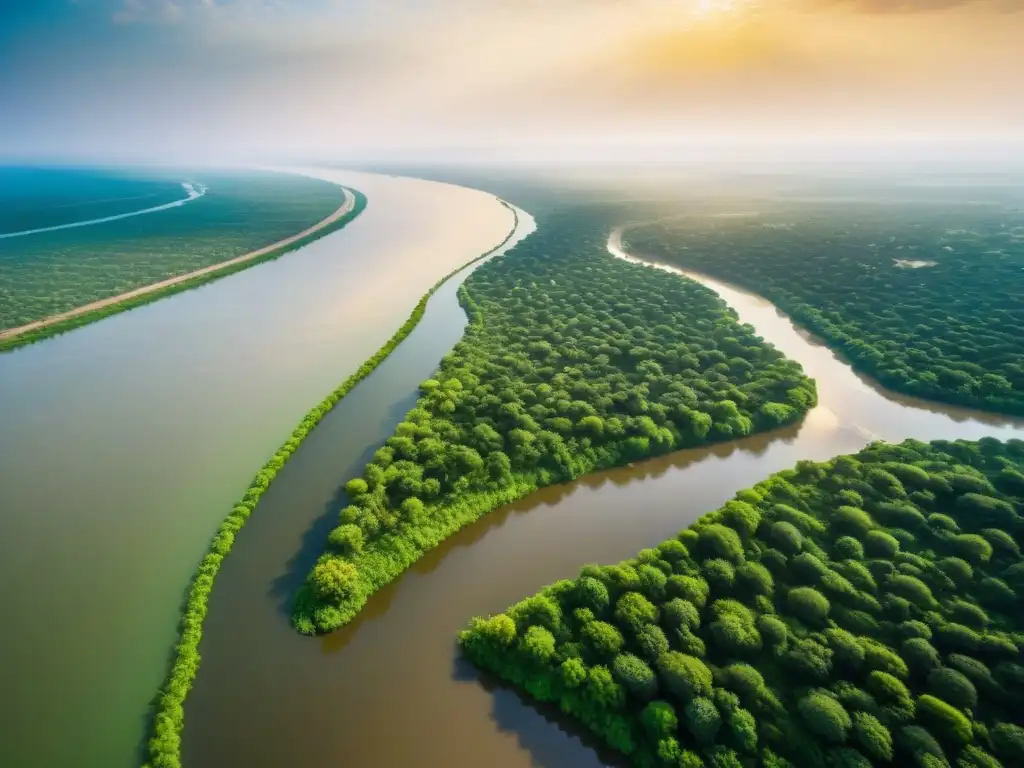 Vista aérea impresionante del río Níger serpenteando entre paisajes verdes, con pueblos y reinos antiguos a lo largo de sus orillas