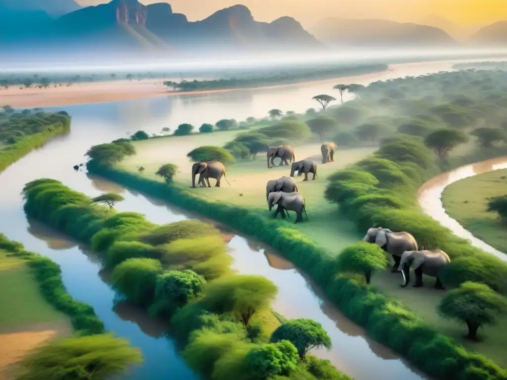 Vista aérea impresionante del río Zambeze en el Parque Nacional de Mana Pools con elefantes bañándose