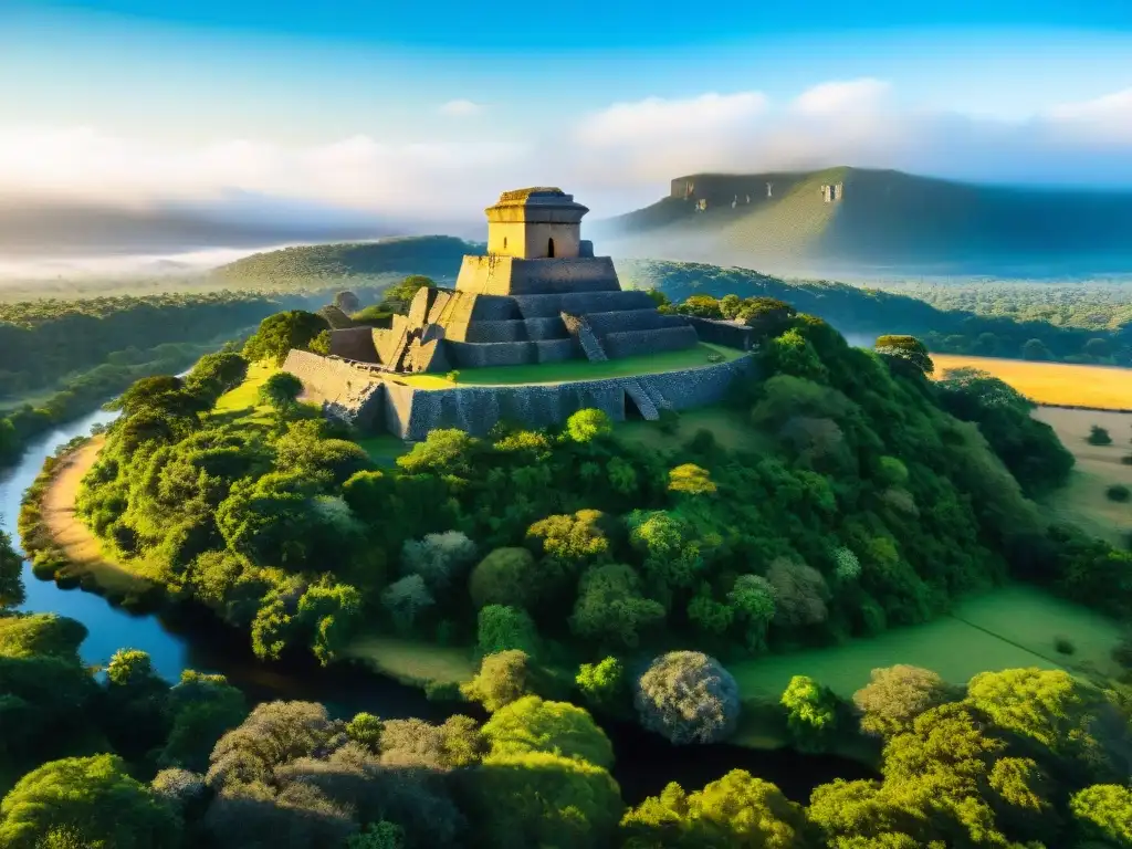 Ruinas de Great Zimbabwe: vista aérea impresionante Vista aérea impresionante de las Ruinas de Great Zimbabwe con estructuras de piedra, rodeadas de vegetación, bajo cielo azul
