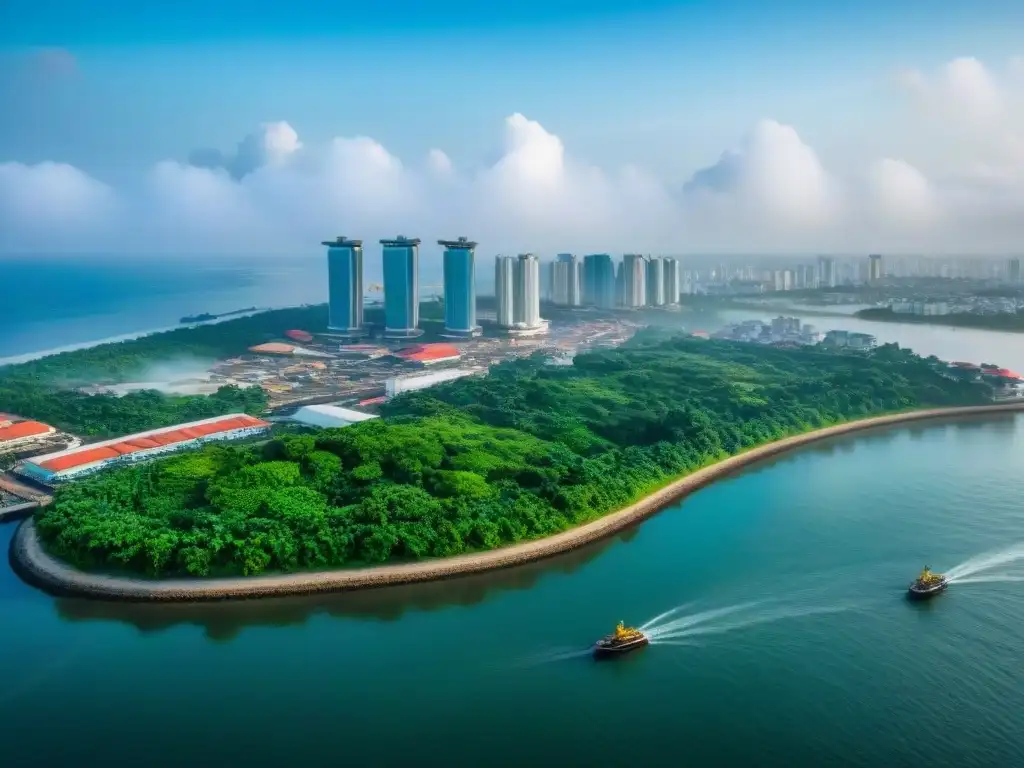 Vista aérea de Libreville, capital de Gabón, con el puerto, rascacielos y exuberante vegetación junto al Atlántico