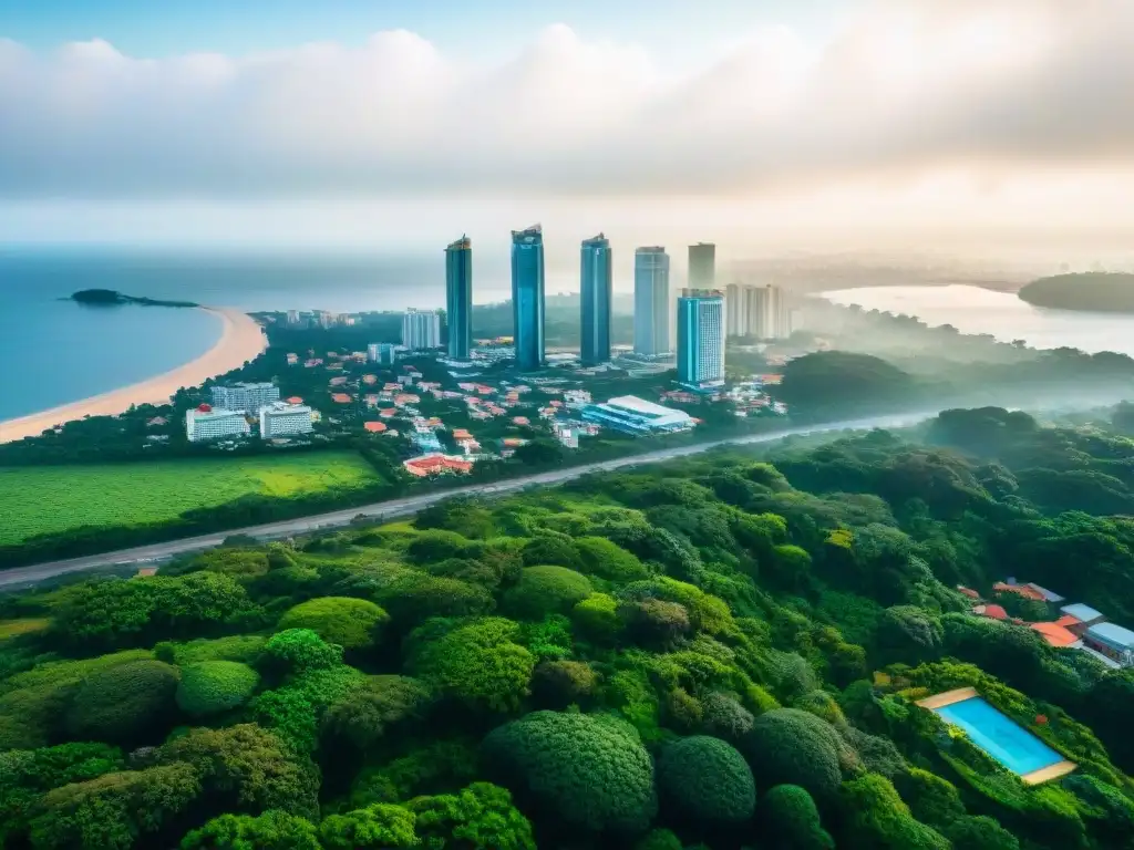 Vista aérea de Libreville, capital de Gabón, fusionando rascacielos modernos y edificios tradicionales