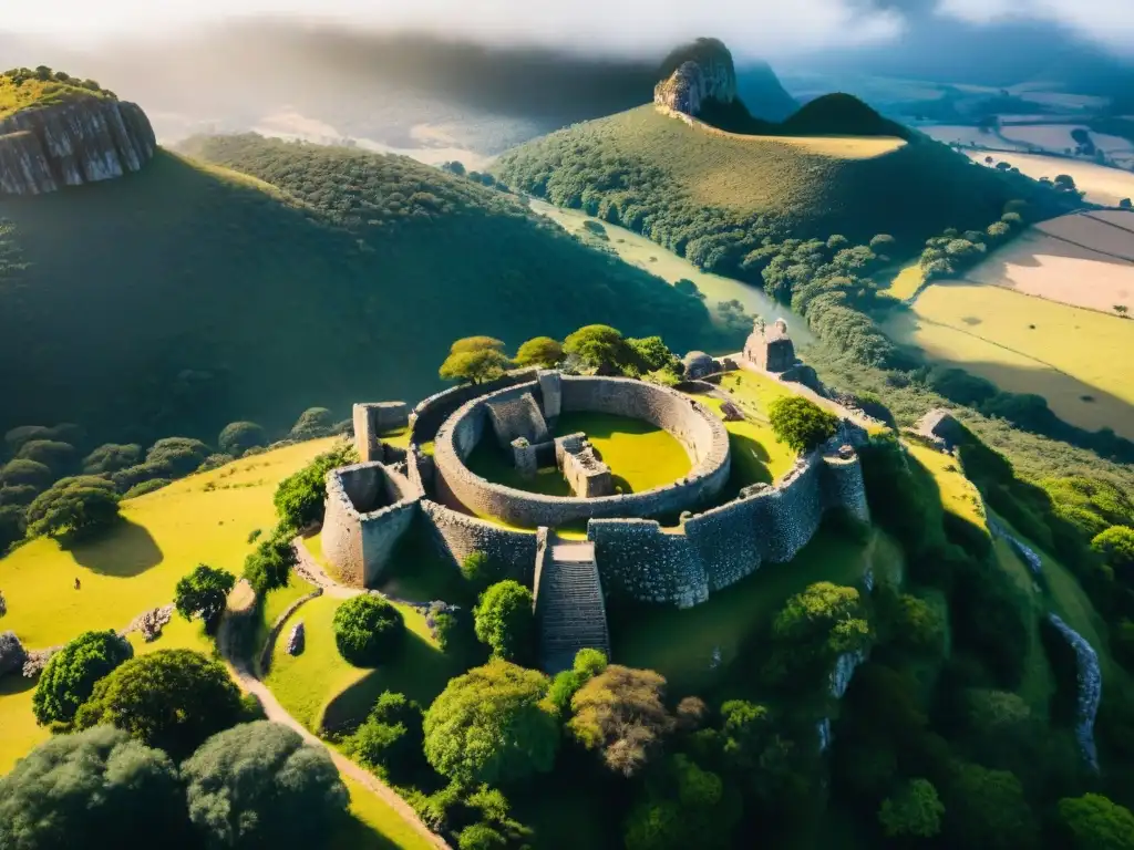 Vista aérea majestuosa de las ruinas de Great Zimbabwe, destacando la arquitectura y paisaje