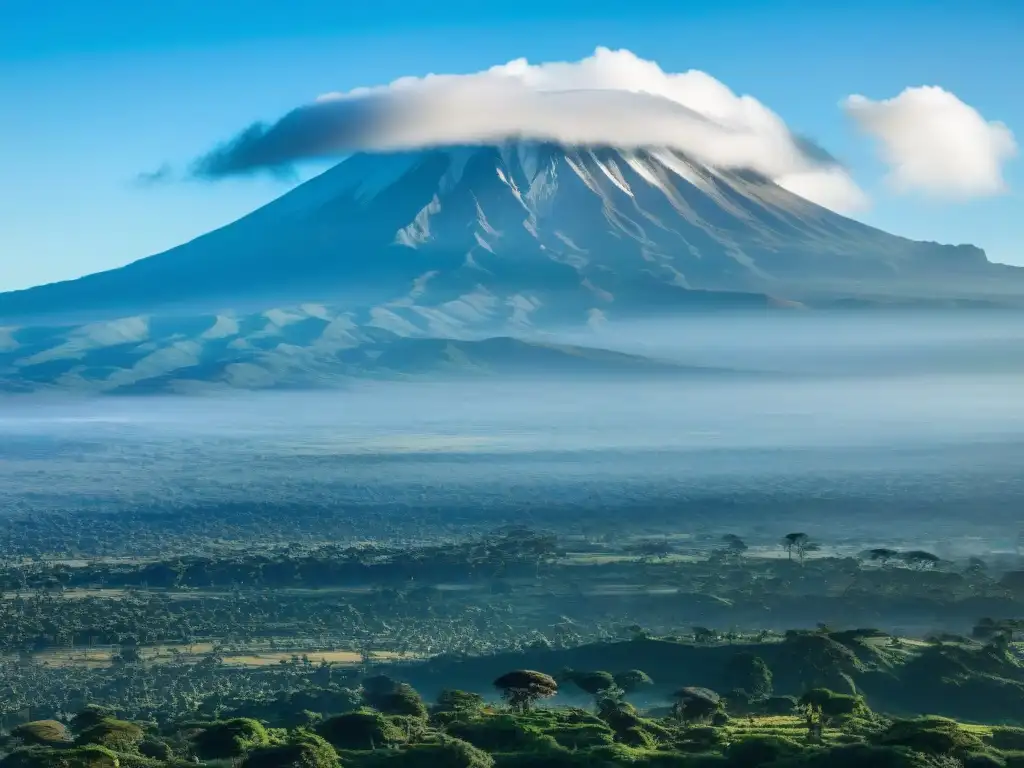 Vista aérea de majestuoso Kilimanjaro con pueblos y vegetación, influencia global de civilizaciones africanas