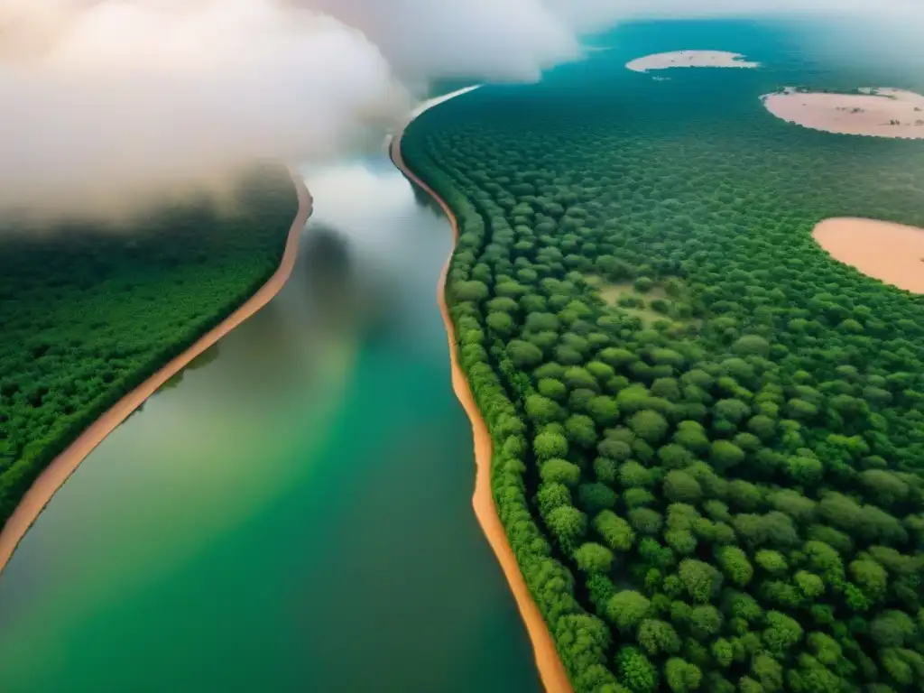 Vista aérea del majestuoso río Níger serpenteando a través del vibrante paisaje verde de Malí, resaltando su simbolismo en el arte africano