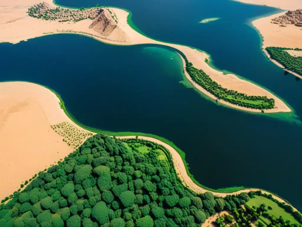 Vista aérea del Nilo en Egipto y Nubia, mostrando barcos felucca, templos antiguos y vegetación exuberante