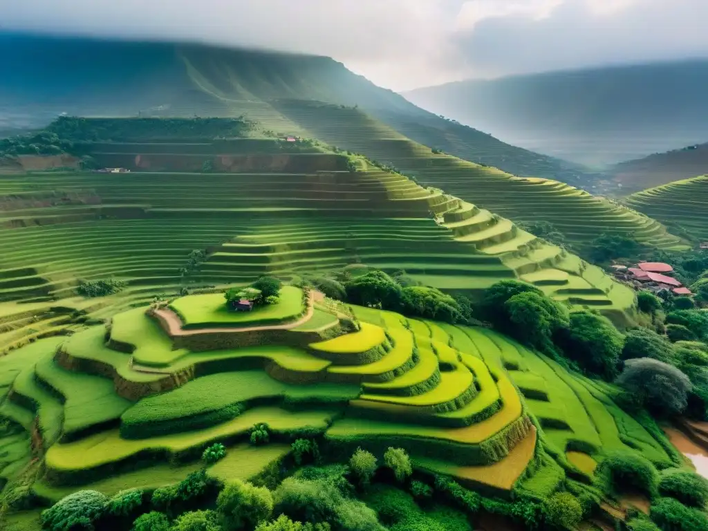 Vista aérea del Paisaje Cultural Sukur en Nigeria, mostrando terrazas y arquitectura antiguas en armonía con la naturaleza