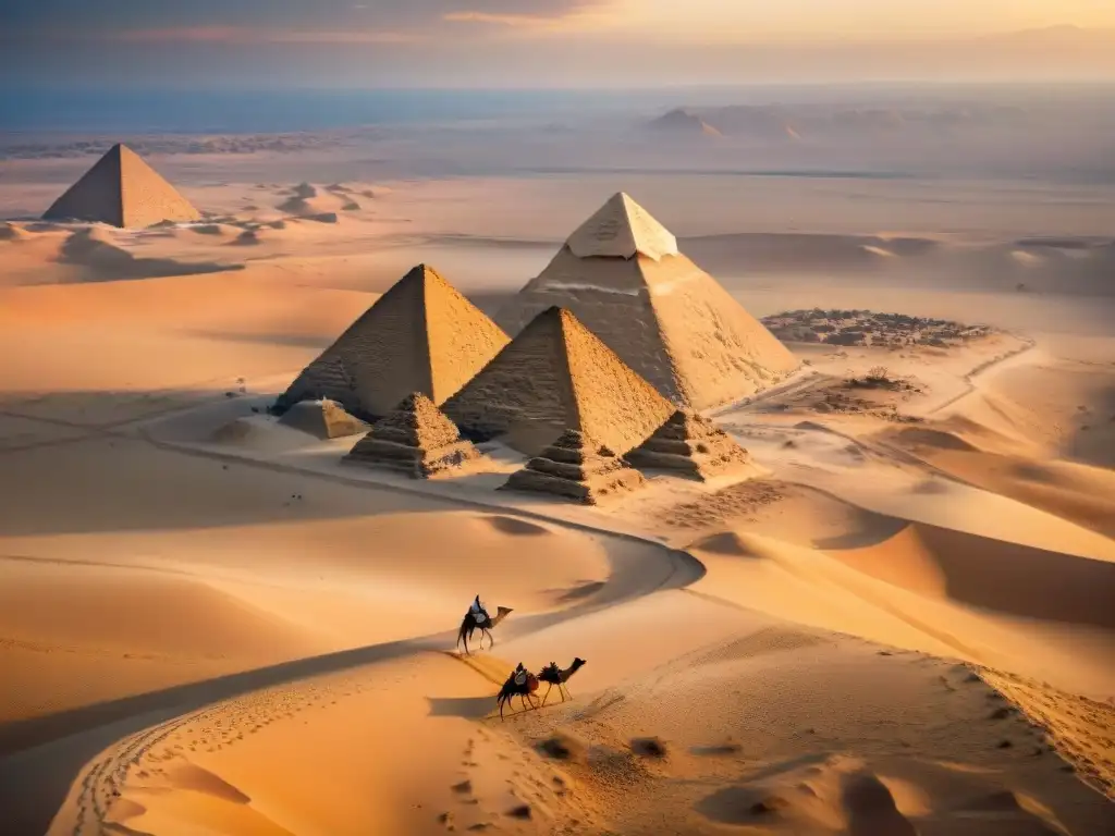 Pirámides de Giza al atardecer: majestuosidad en el desierto Vista aérea de las pirámides de Giza al atardecer en el desierto egipcio, resaltando la protección de tesoros arqueológicos africanos