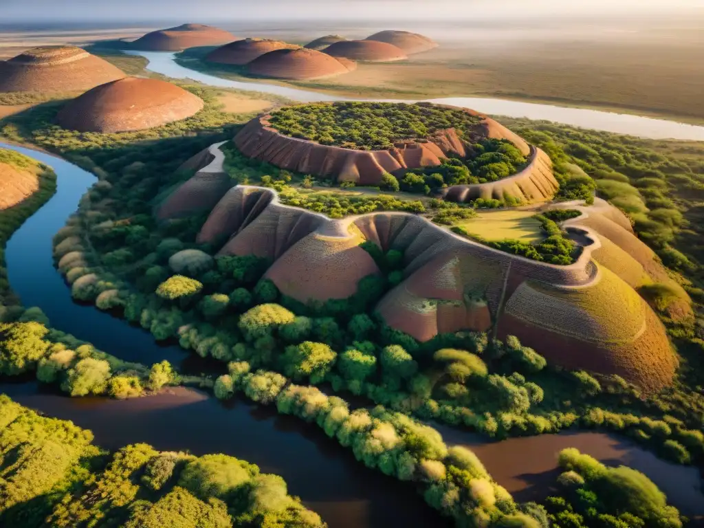 Vista aérea de alta resolución del sitio arqueológico Mapungubwe en Suráfrica, resaltando la estratégica ubicación de la civilización y sus orígenes