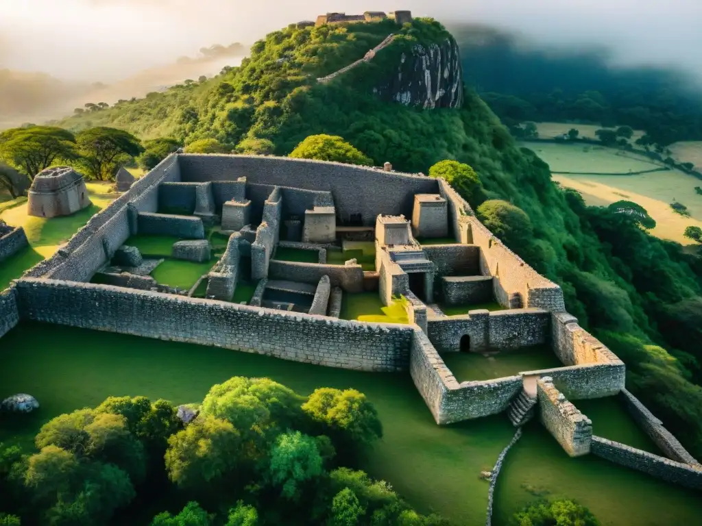 Vista aérea de alta resolución de las ruinas de Great Zimbabwe en África, mostrando la arquitectura palaciega e historia africana