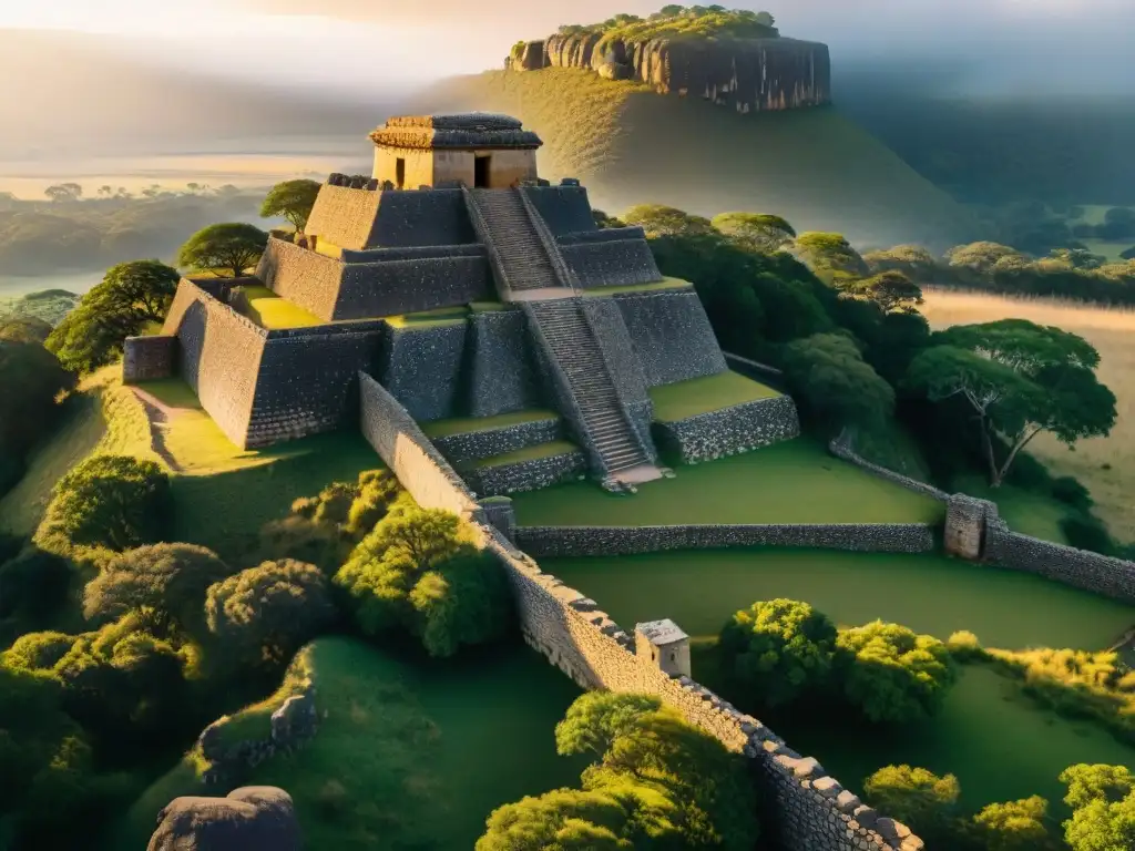 Vista aérea de las ruinas de Gran Zimbabue, resaltando la preservación del Patrimonio Africano en un paisaje espectacular al atardecer