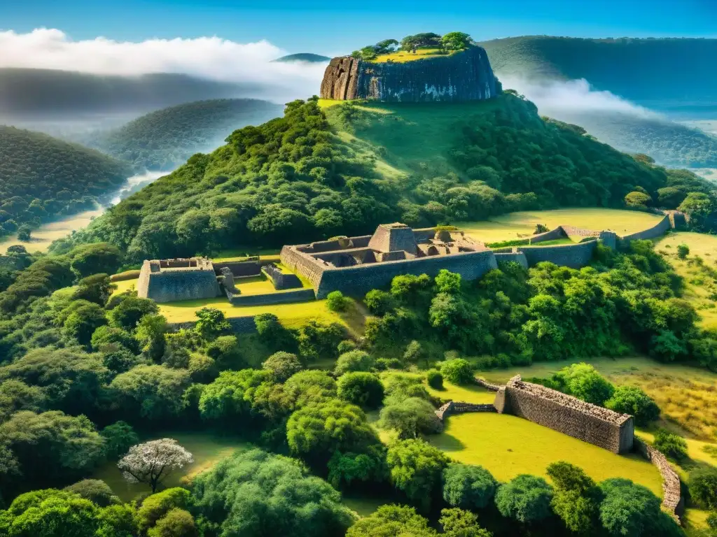 Vista aérea de Ruinas de Great Zimbabwe, destacando muros de piedra, rodeados de vegetación, bajo cielo azul