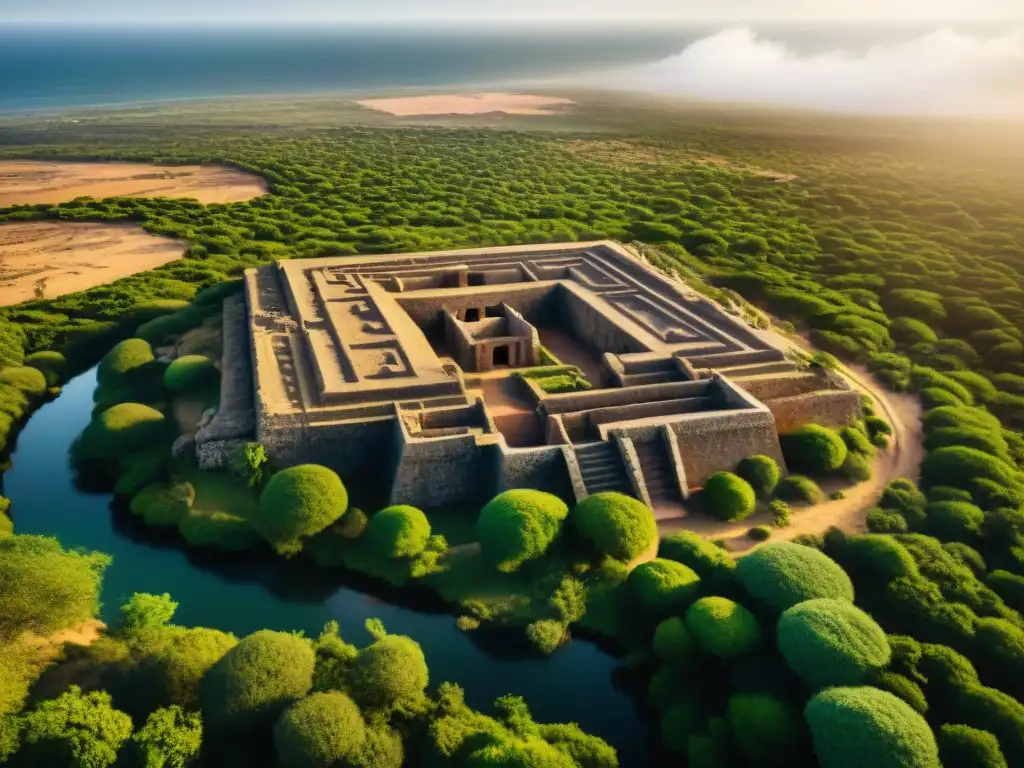 Vista aérea de alta resolución de las ruinas del Reino de Takrur en Senegal, revelando su intrigante diseño y paisaje circundante