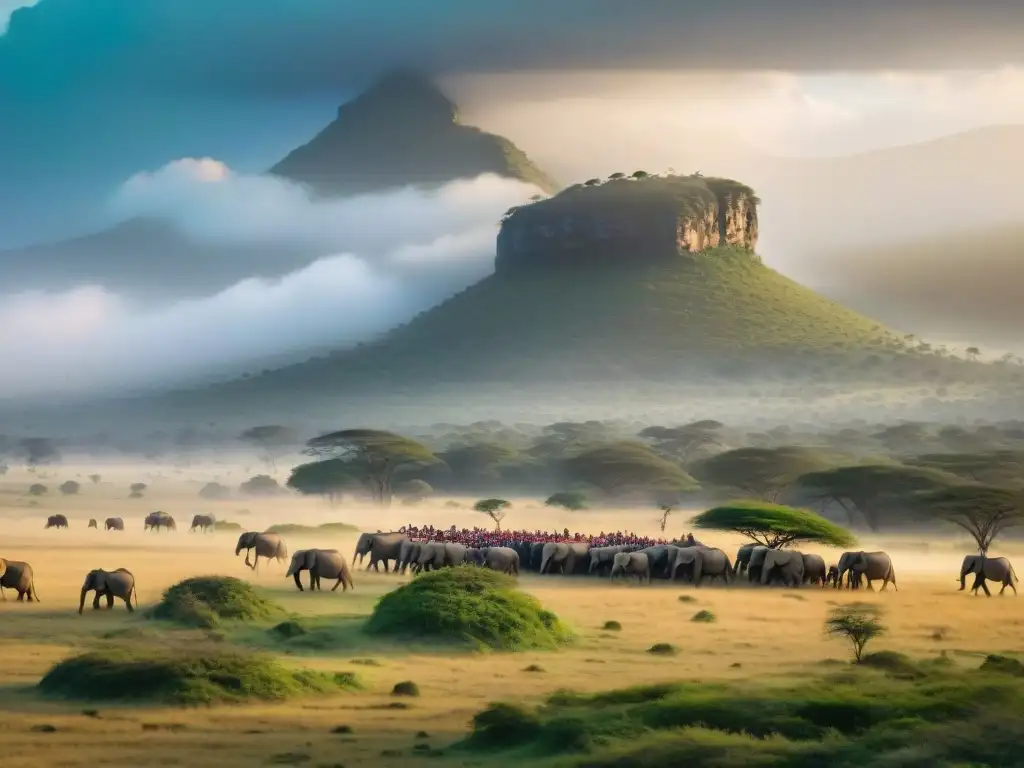 Una vista aérea de la sabana africana mostrando a Maasai protegiendo elefantes